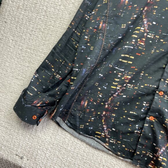 Au Noir Button Up shirt Men Sz 7 Black Colorful City Night Lights Landscape AOP - Picture 6 of 16